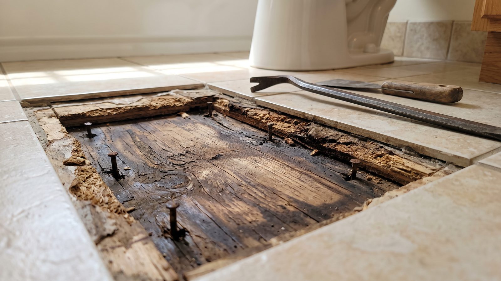 Bathroom tile cut away to expose a blackened, delaminating plywood subfloor after a toilet overflow, with water staining spread through the wood grain, corroded fastener heads standing proud, and a pry bar and scraper resting on the tile alongside