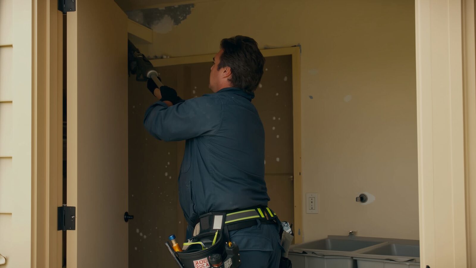 Restoration technician illustrating: What an upstairs laundry room means for leak risk and what to check