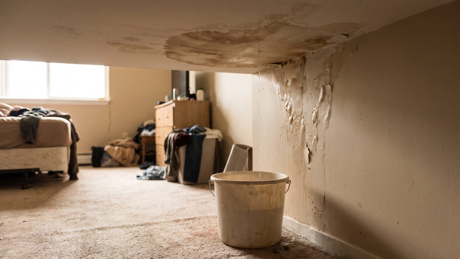 A dark water stain spreading across a rental bedroom ceiling and down the wall corner with paint blistering along the seam, and a bucket on the carpet catching the drip