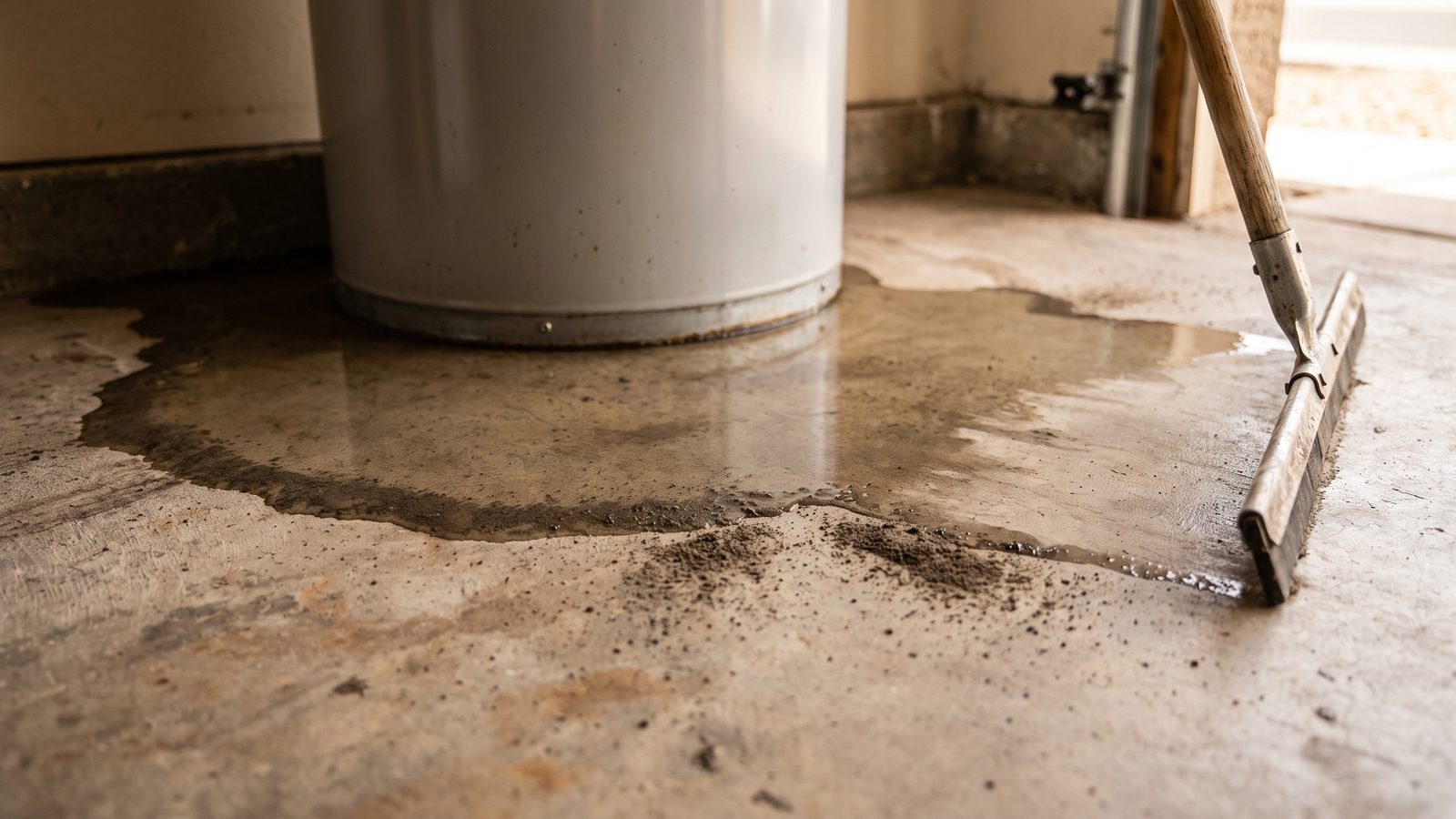 Water spreading across a bare concrete garage floor from the corroded base of a softener tank, with a drying rim line on the slab and a floor squeegee pushing the edge of the spill back