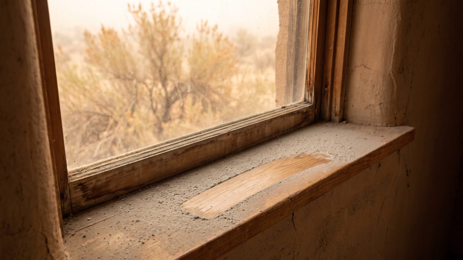 Fine grey wildfire ash settled along an interior window sill with a clean wipe streak cut through the residue, hazy orange daylight and desert vegetation beyond the glass